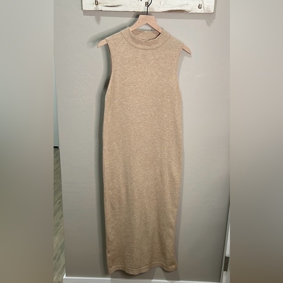 Mango MNG Dress Knit Sweater Beige Tan Sleeveless Mock Neck Sheath Side Split - Picture 1 of 13